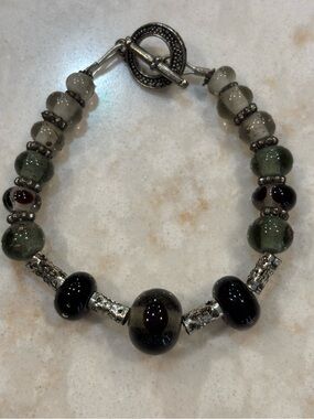 Handmade Glass and Silver-Tone Toggle Bracelet in black and grey.